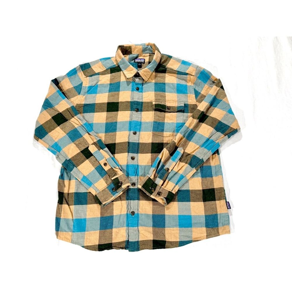 Patagonia Fjord Flannel Shirt Mens L Blue Tan Plaid Excellent Organic Cotton